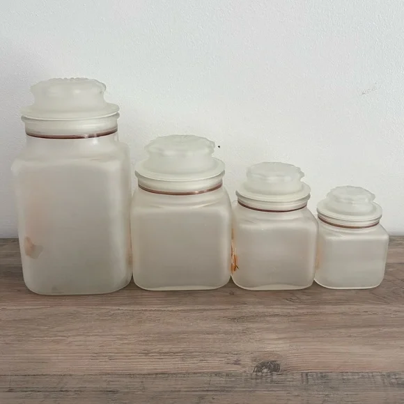 Vintage Retro Rare Anchor Hocking Frosted Glass Canister Floral Set